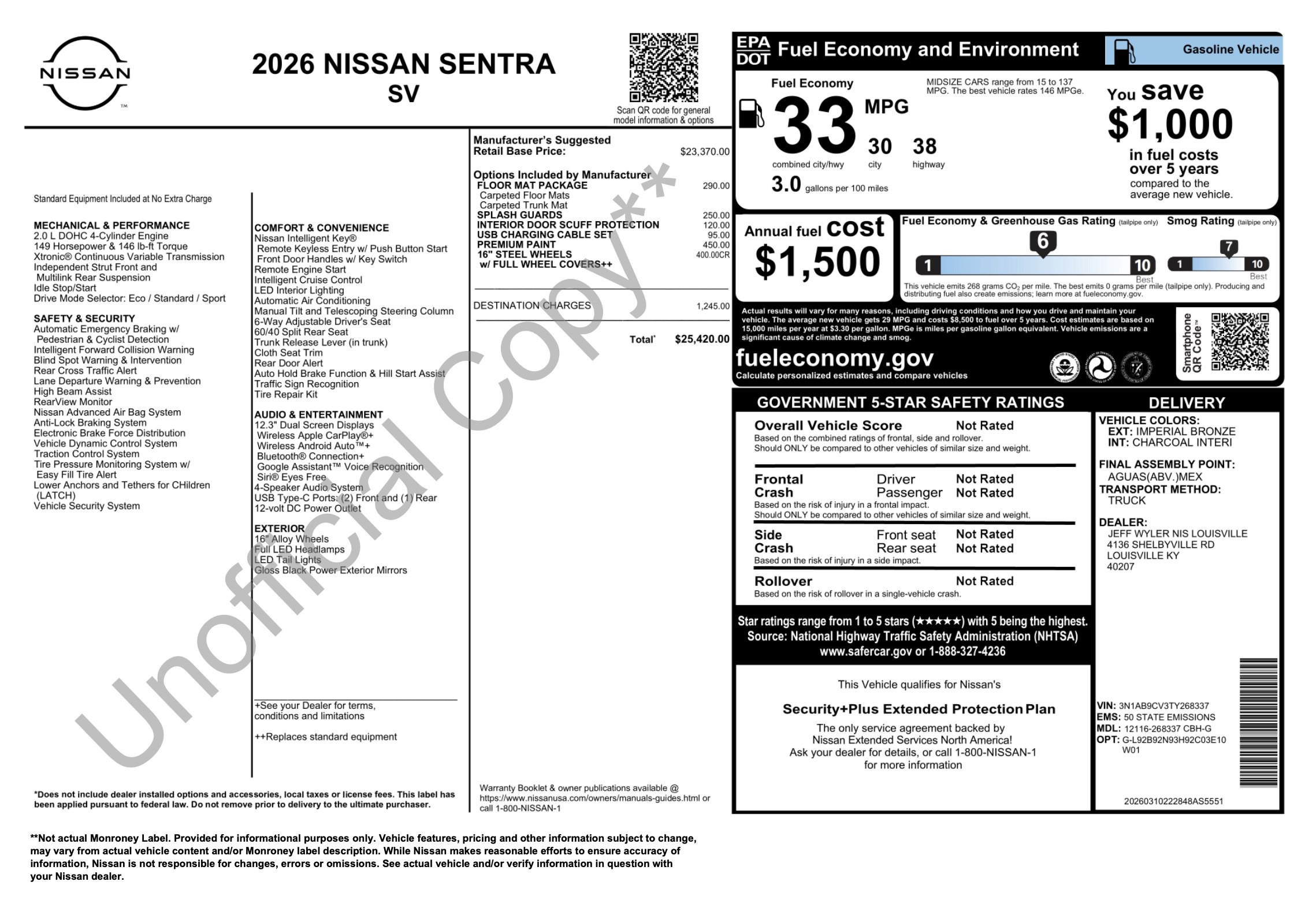 Used 2026 Nissan Sentra SV w/ Floor Mat Package FWD image 5