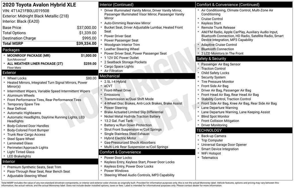 Used 2020 Toyota Avalon XLE w/ Moonroof Package FWD image 3