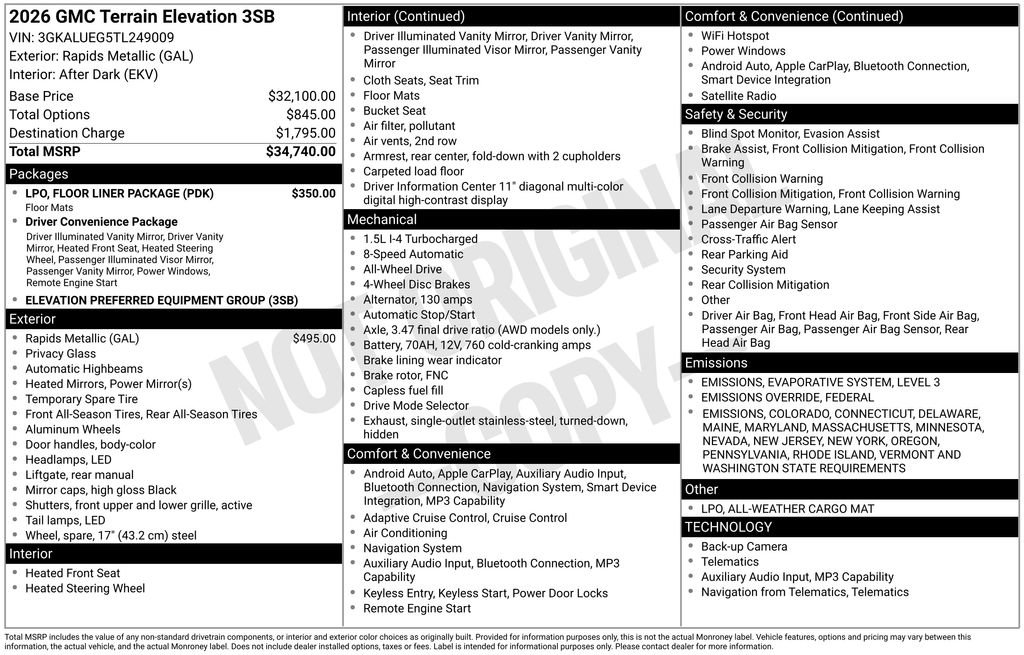 New 2026 GMC Terrain Elevation w/ LPO, Floor Liner Package image 4