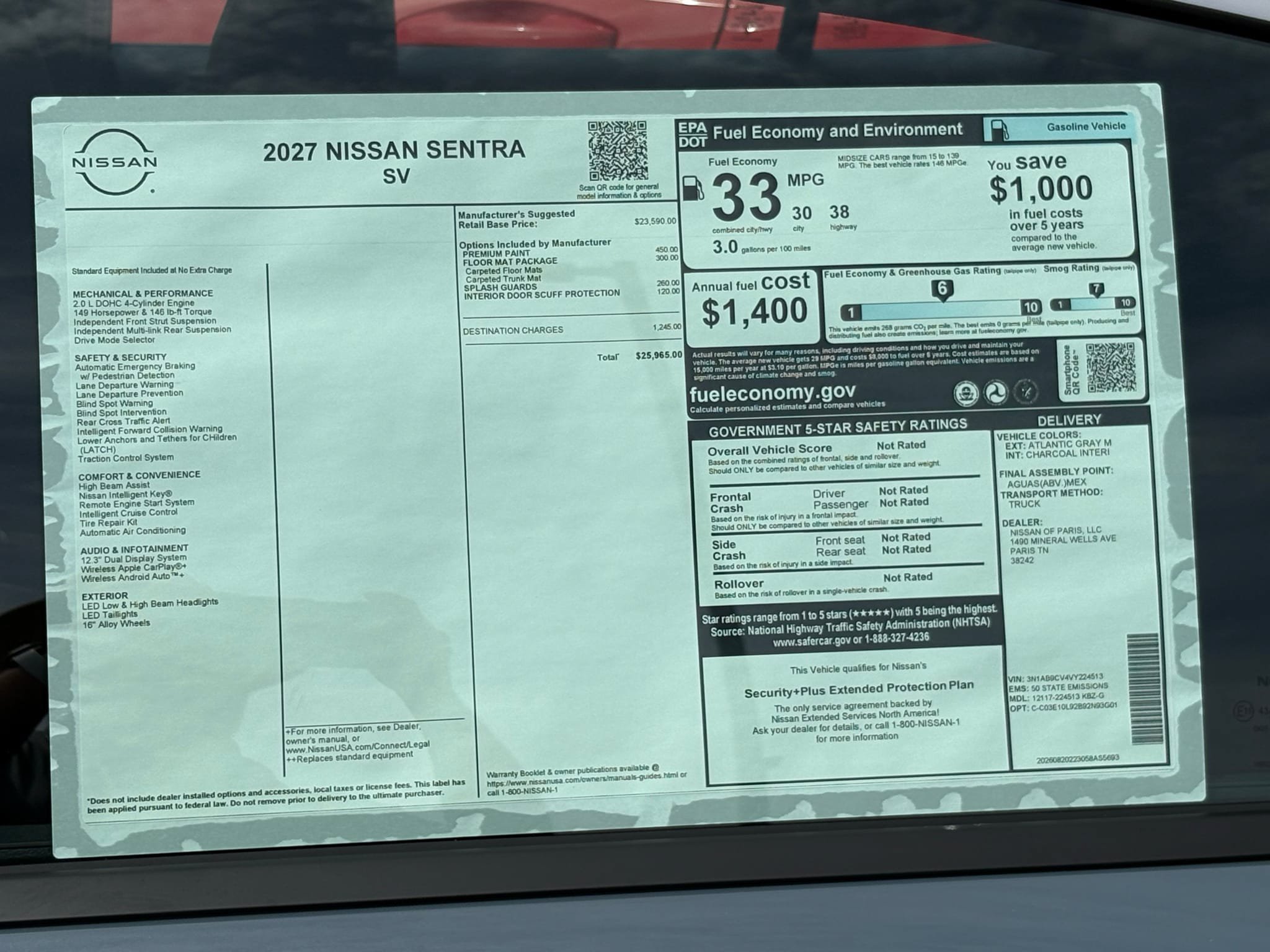 New 2027 Nissan Sentra SV w/ Floor Mat Package FWD image 27