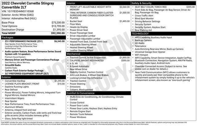 Used 2022 Chevrolet Corvette Stingray Preferred Conv w/ Z51 Performance Package RWD image 28