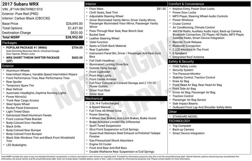 Used 2017 Subaru WRX w/ Popular Package #1 image 3