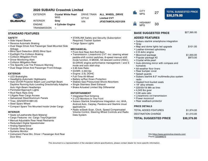 Used 2020 Subaru Crosstrek 2.0i Limited w/ Moonroof Package image 2