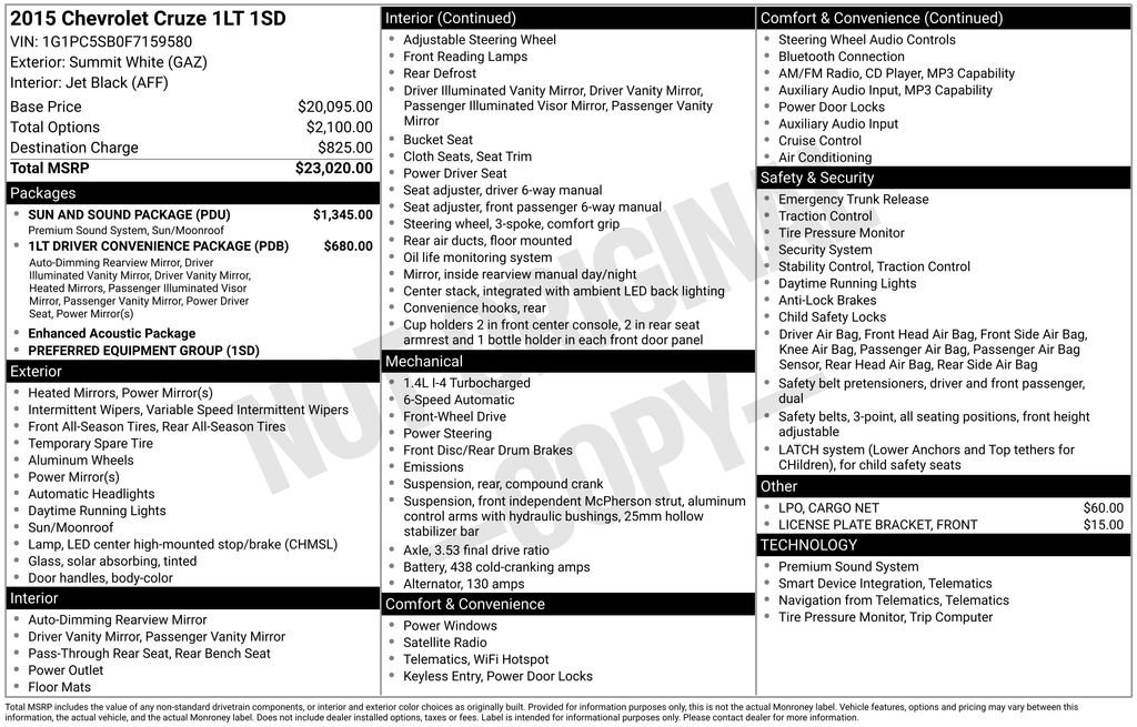 Used 2015 Chevrolet Cruze LT w/ Sun And Sound Package FWD image 37