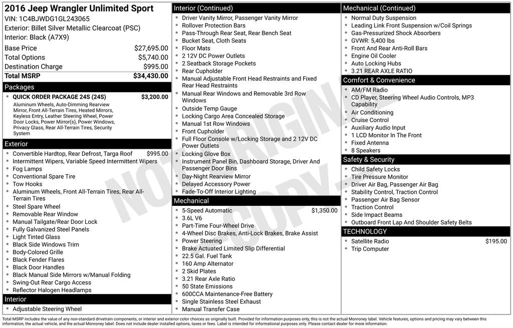 Certified 2016 Jeep Wrangler Unlimited Sport w/ Quick Order Package 24S AWD/4WD image 34