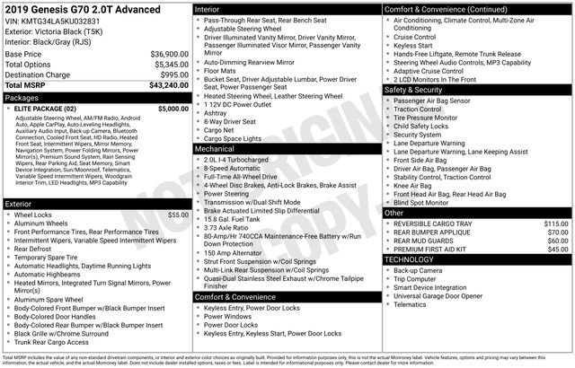 Used 2019 Genesis G70 2.0T Advanced w/ Elite Package image 10