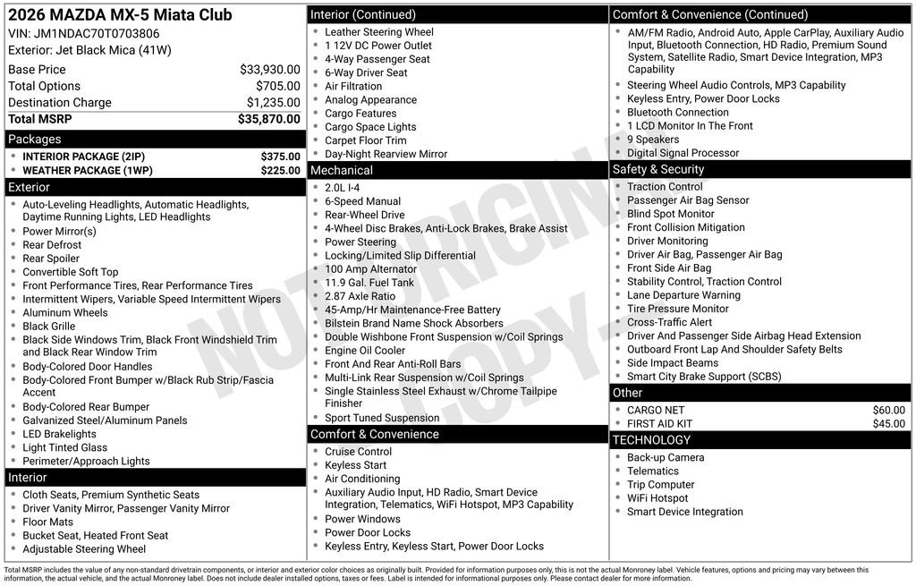 New 2026 MAZDA MX-5 Miata Club w/ Interior Package RWD image 4