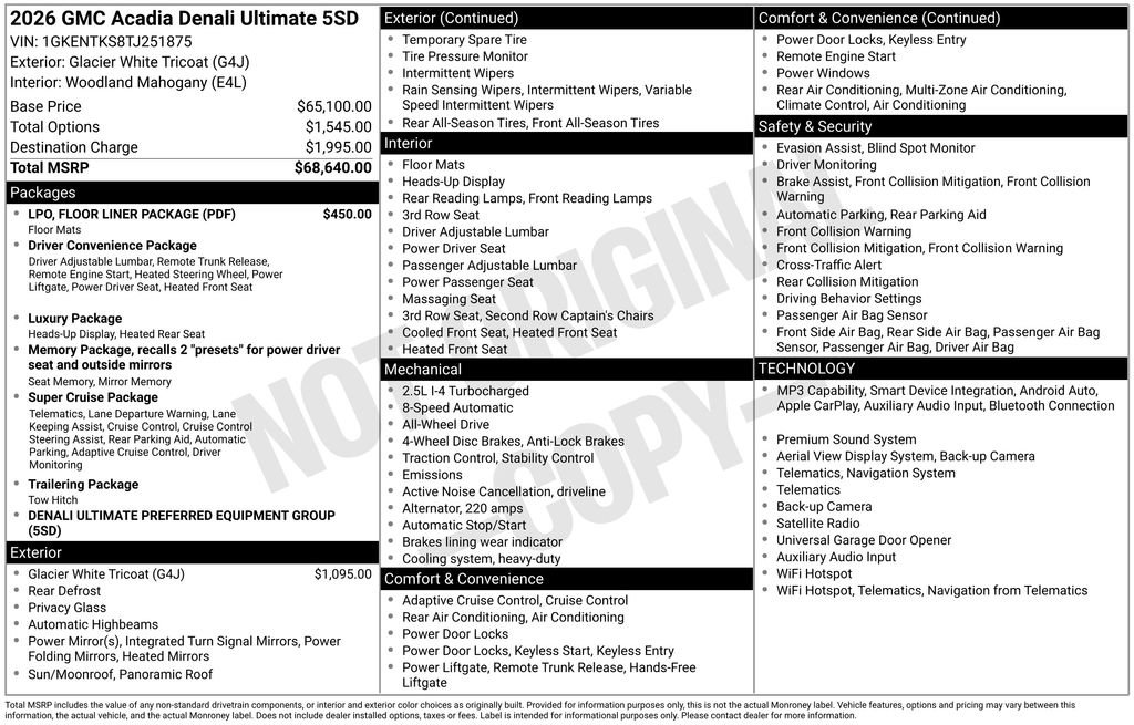 New 2026 GMC Acadia Denali Ultimate w/ LPO, Floor Liner Package AWD/4WD image 38