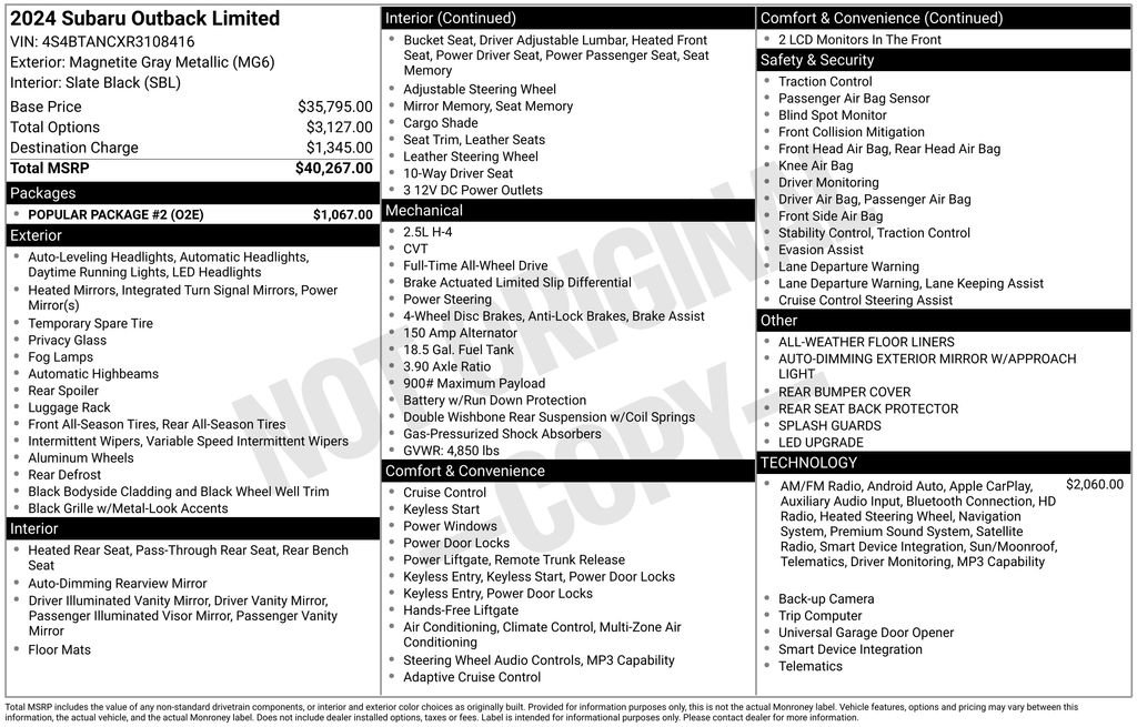 Used 2024 Subaru Outback Limited w/ Popular Package #2 AWD/4WD image 16