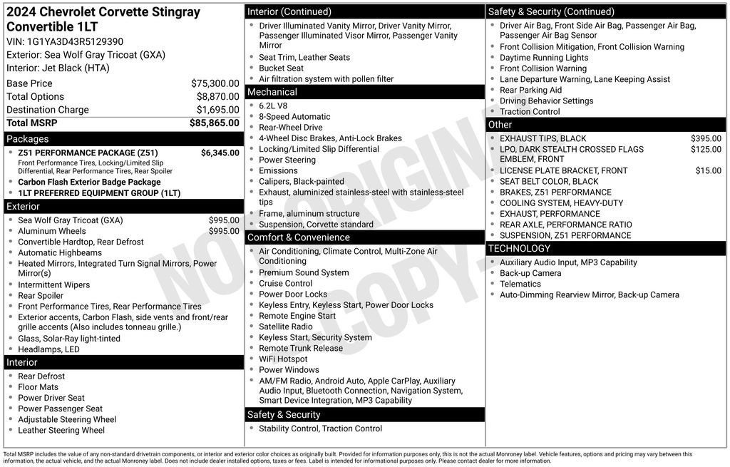 Certified 2024 Chevrolet Corvette Stingray Convertible w/ Z51 Performance Package RWD image 65