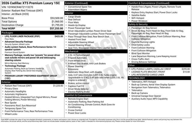 New 2026 Cadillac XT5 Premium Luxury w/ LPO, Floor Liner Package FWD image 30