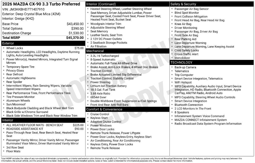 New 2026 MAZDA CX-90 3.3 Turbo w/ Preferred Package AWD/4WD image 7