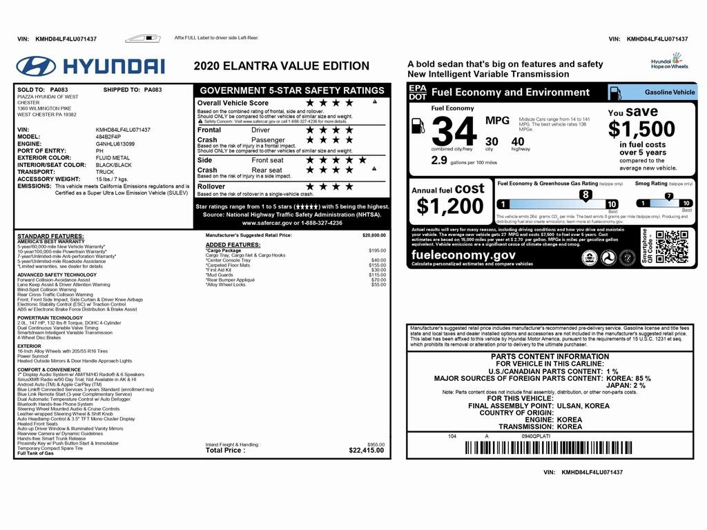 Used 2020 Hyundai Elantra Value Edition w/ Cargo Package (C1) image 2