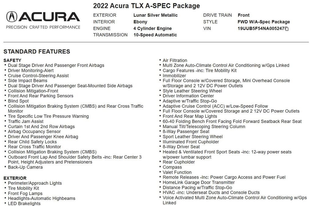 Used 2022 Acura TLX w/ A-SPEC Pkg FWD image 14