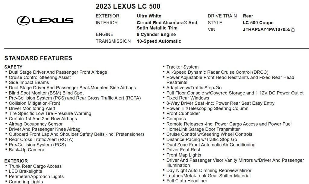 Used 2023 Lexus LC 500 Coupe w/ Sport Package RWD image 17