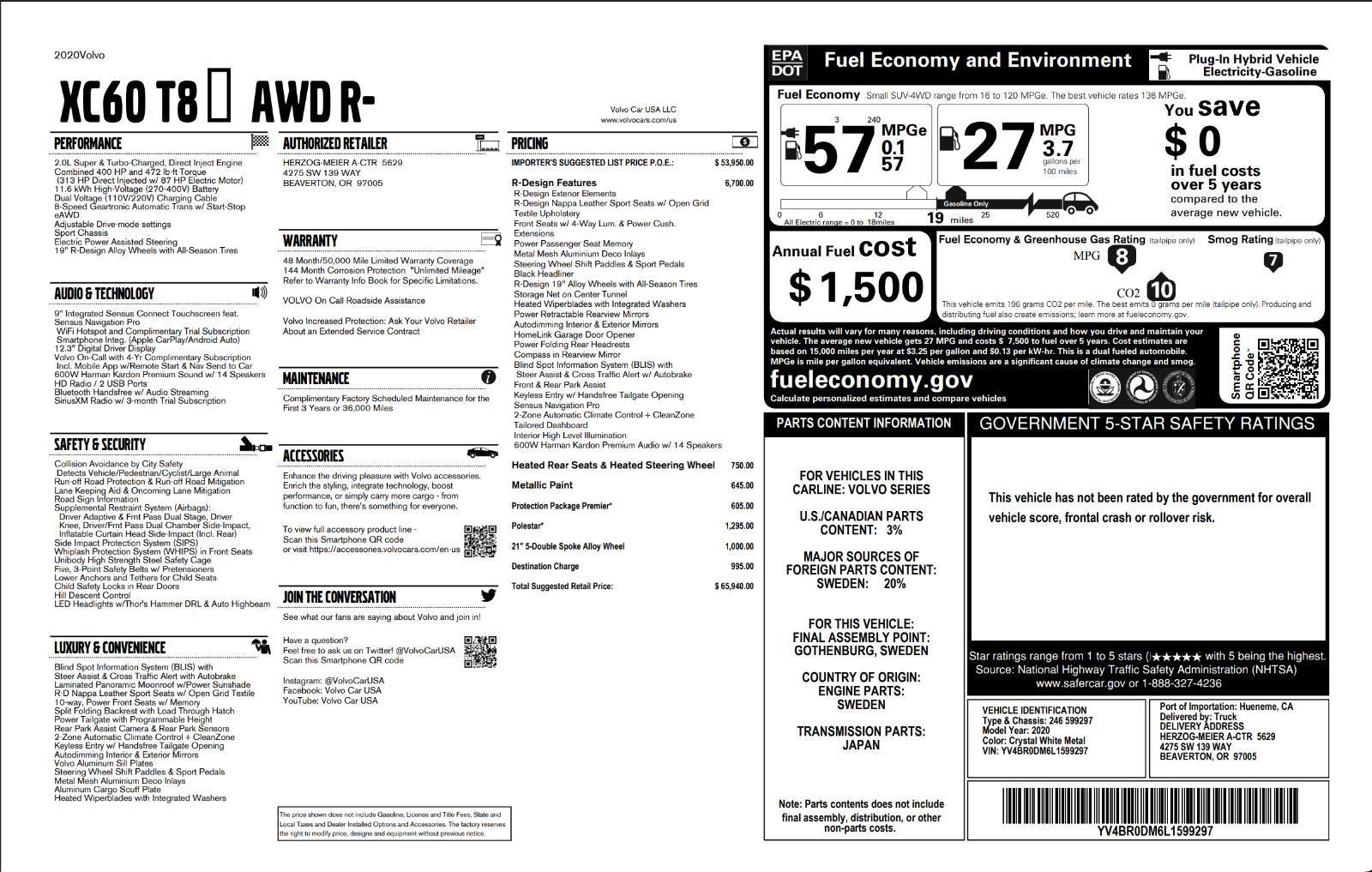 Used 2020 Volvo XC60 T8 R-Design w/ Protection Package Premier image 5