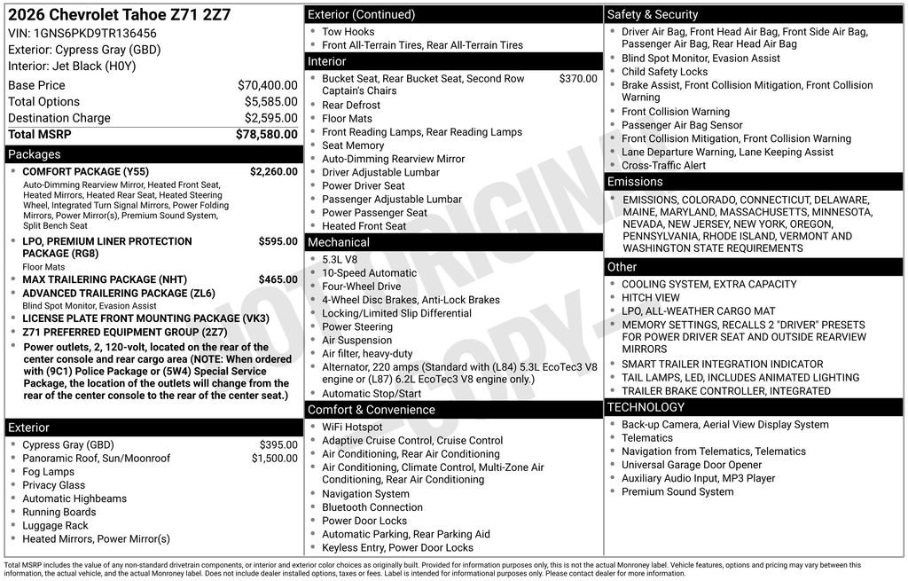 New 2026 Chevrolet Tahoe Z71 w/ Comfort Package image 1