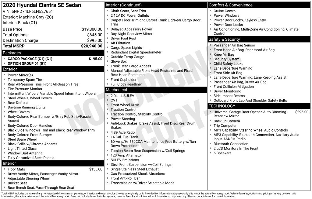Used 2020 Hyundai Elantra SE w/ Cargo Package (C1) FWD image 8