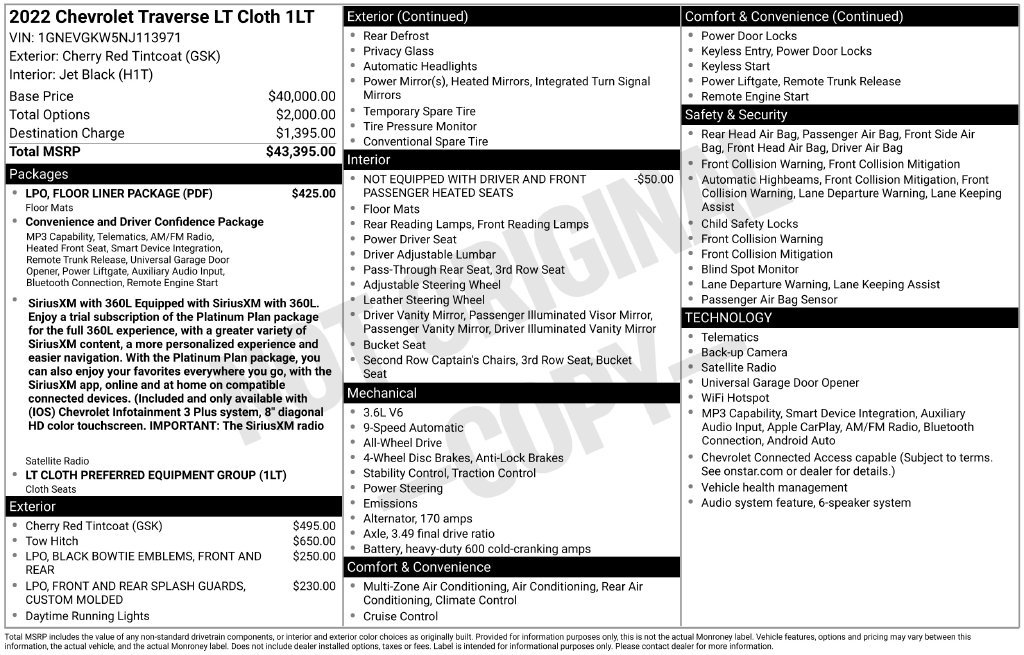 Certified 2022 Chevrolet Traverse LT w/ LPO, Floor Liner Package AWD/4WD image 4