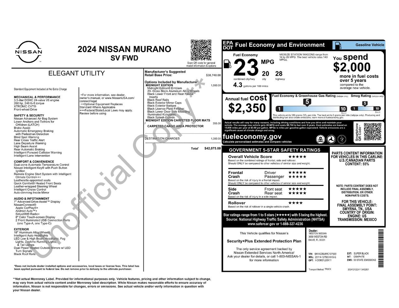 Used 2024 Nissan Murano SV w/ SV Midnight Edition Package FWD image 5