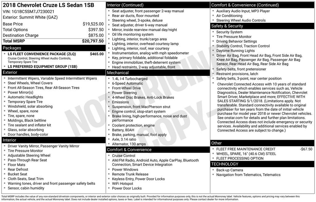 Used 2018 Chevrolet Cruze LS w/ LS Fleet Convenience Package image 10