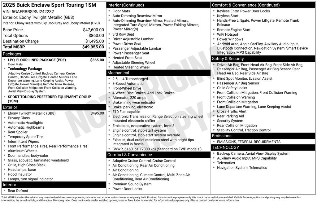 New 2025 Buick Enclave Sport Touring w/ LPO, Floor Liner Package image 2