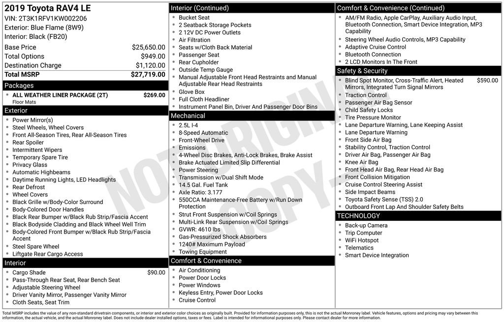 Used 2019 Toyota RAV4 LE w/ All Weather Liner Package image 6