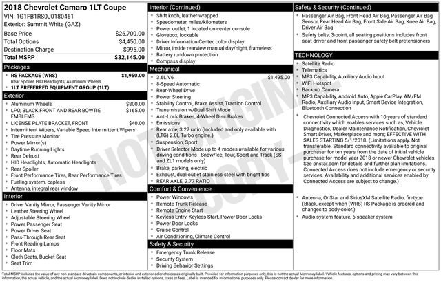 Used 2018 Chevrolet Camaro LT w/ RS Package RWD image 2