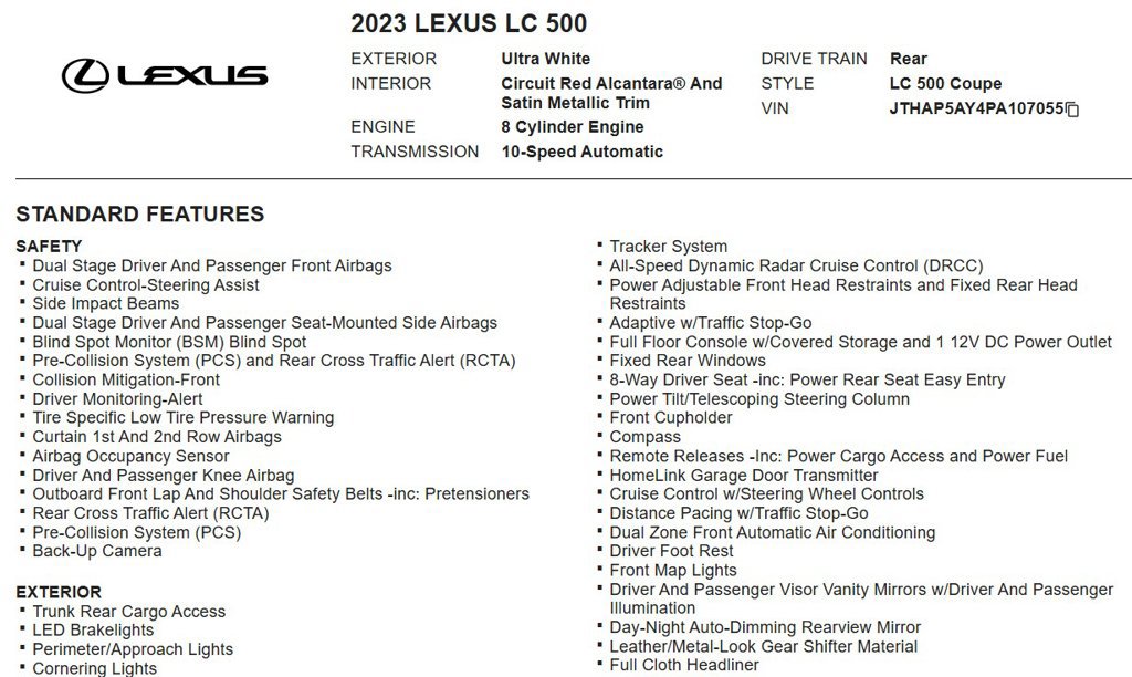 Used 2023 Lexus LC 500 Coupe w/ Sport Package RWD image 17