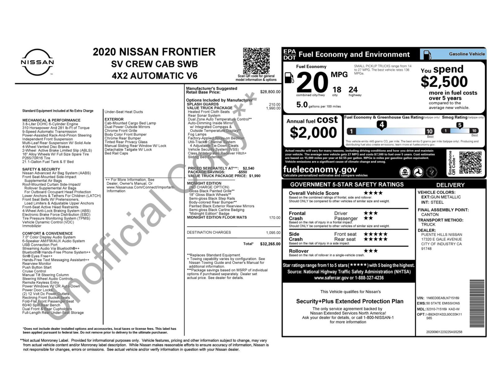Used 2020 Nissan Frontier SV w/ Midnight Edition Floor Mats RWD image 48