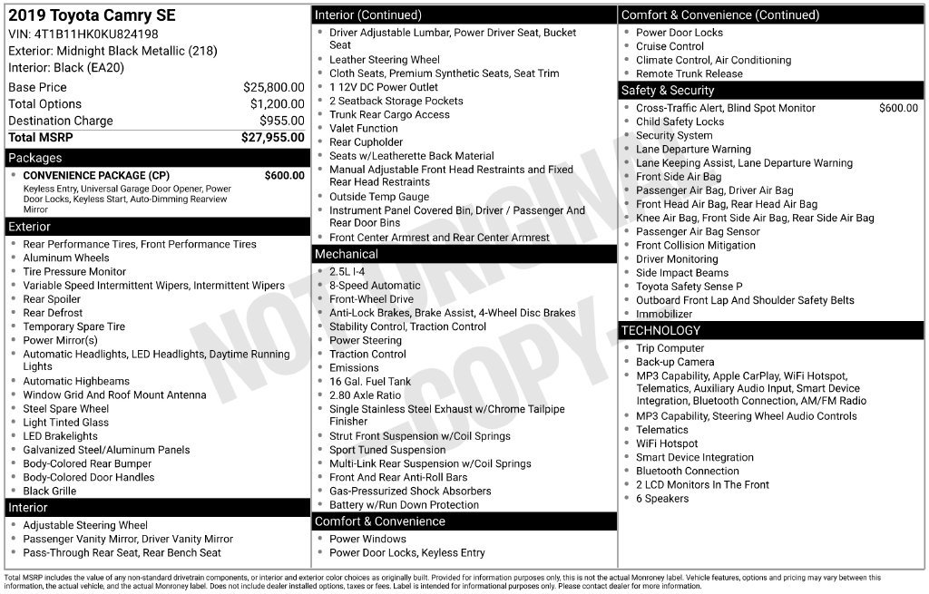 Used 2019 Toyota Camry SE w/ Convenience Package FWD image 13