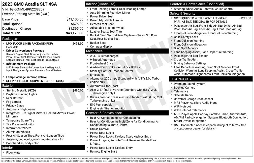 Used 2023 GMC Acadia SLT w/ LPO, Floor Liner Package FWD image 5