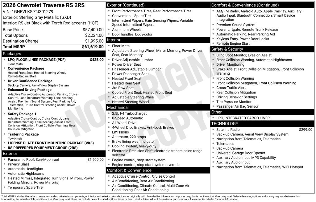 New 2026 Chevrolet Traverse RS w/ LPO, Floor Liner Package AWD/4WD image 2