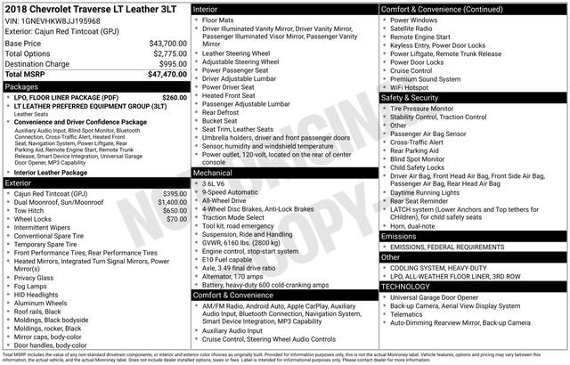 Certified 2018 Chevrolet Traverse LT w/ LPO, Floor Liner Package image 40