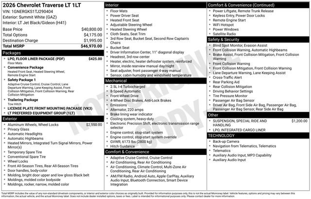 New 2026 Chevrolet Traverse LT w/ LPO, Floor Liner Package FWD image 4
