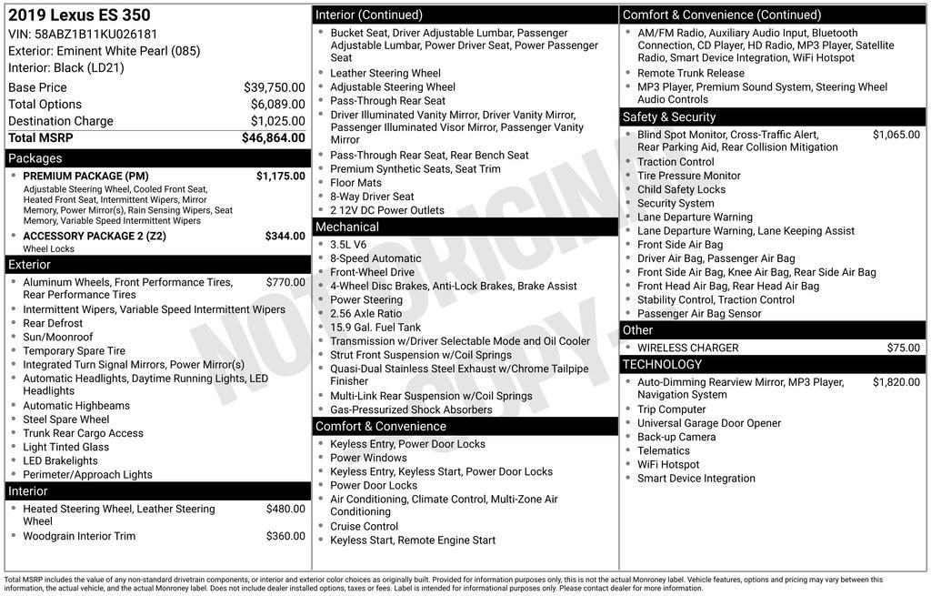 Used 2019 Lexus ES 350 350 w/ Premium Package image 35