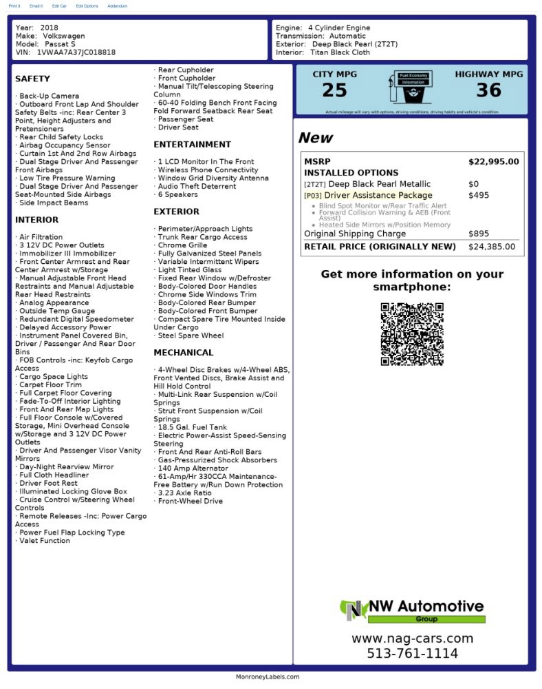 Used 2018 Volkswagen Passat 2.0T S w/ Driver Assistance Package FWD image 2