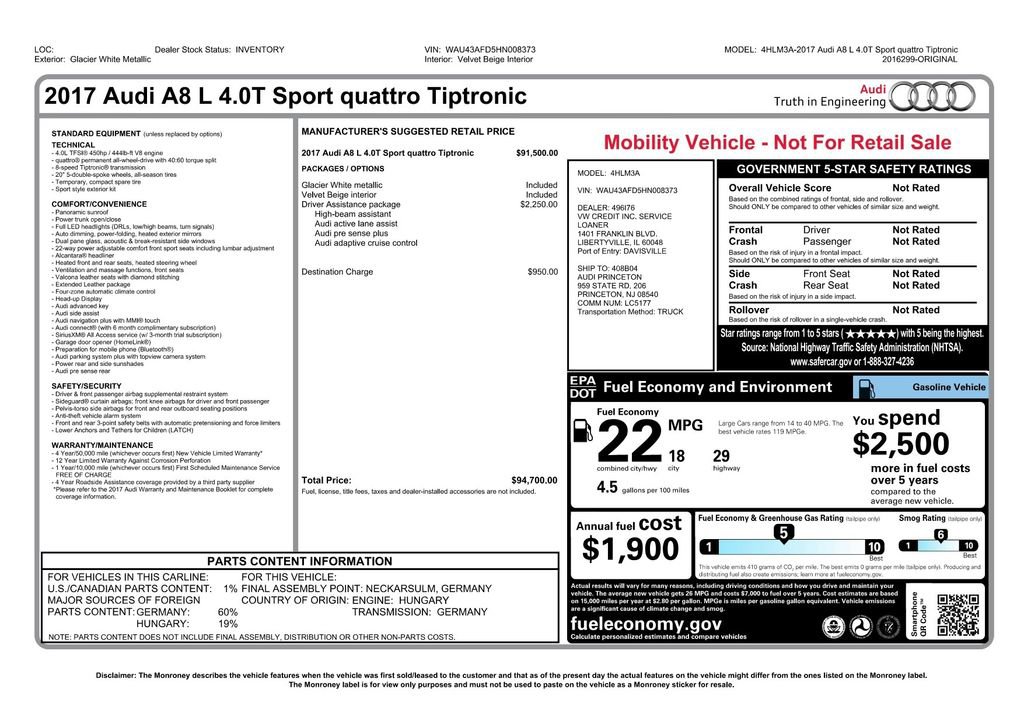 Used 2017 Audi A8 L 4.0T w/ Driver Assistance Package image 3
