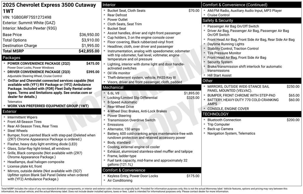 New 2025 Chevrolet Express 3500 w/ Power Convenience Package RWD image 12