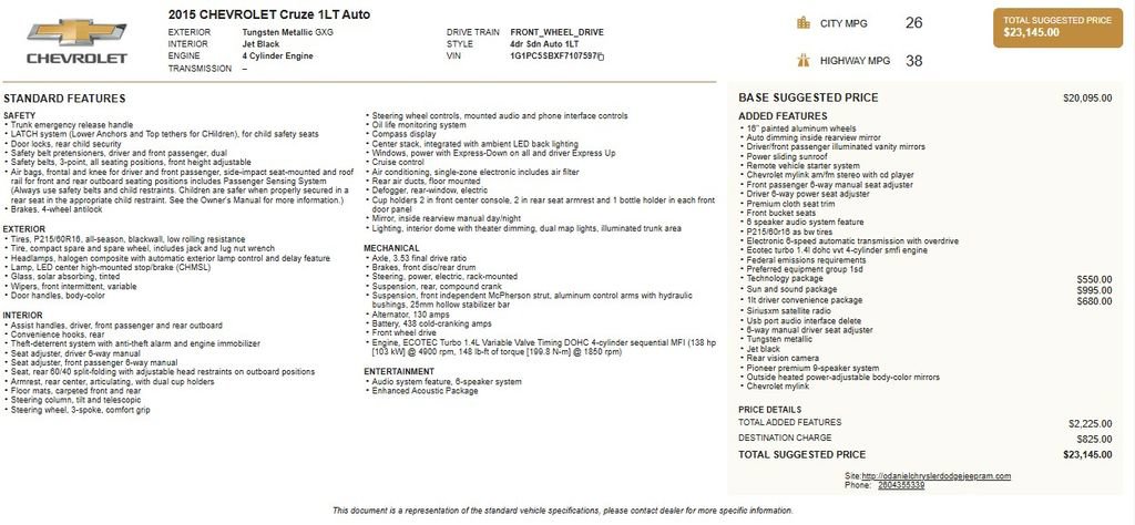 Used 2015 Chevrolet Cruze LT w/ Sun And Sound Package image 2