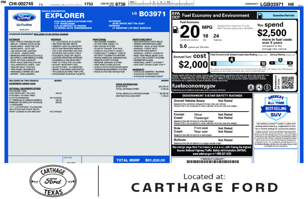 Used 2020 Ford Explorer Platinum w/ Premium Technology Package