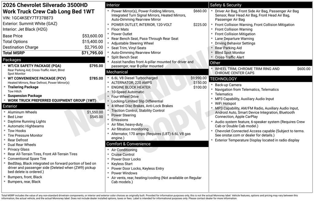 New 2026 Chevrolet Silverado 3500 W/T w/ WT/CX Safety Package AWD/4WD image 3