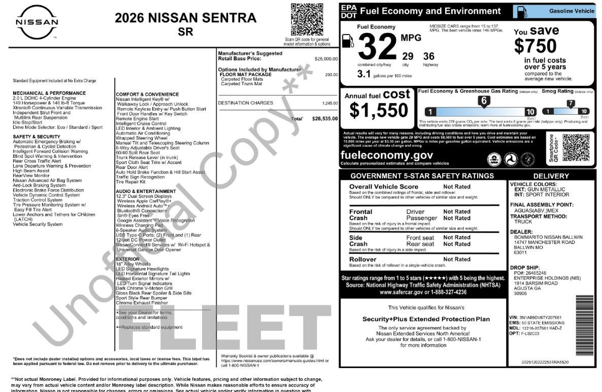 Used 2026 Nissan Sentra SR w/ Floor Mat Package FWD image 26