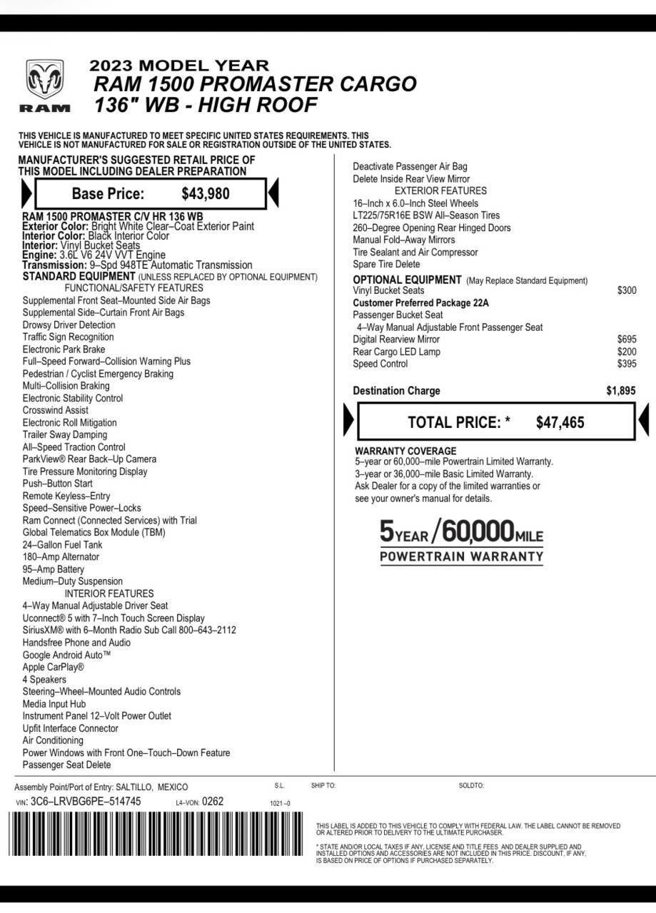 Used 2023 RAM ProMaster 1500 image 1