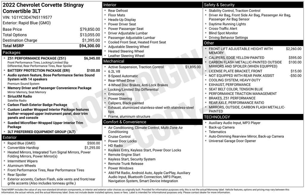 Used 2022 Chevrolet Corvette Stingray Premium Conv w/ Z51 Performance Package image 20