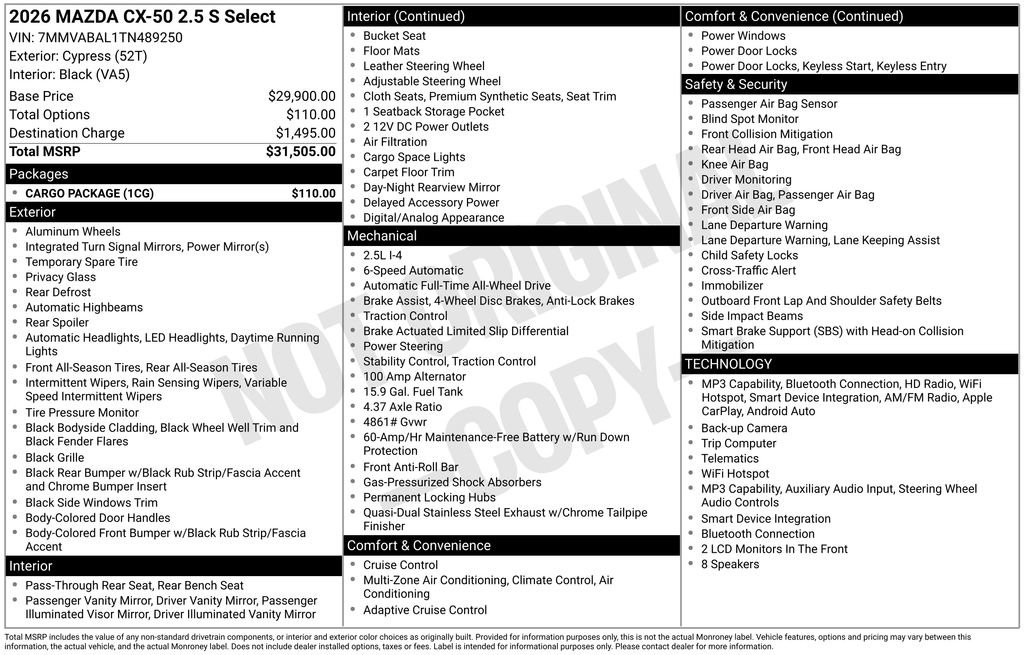 New 2026 MAZDA CX-50 AWD 2.5 S w/ Cargo Package image 2