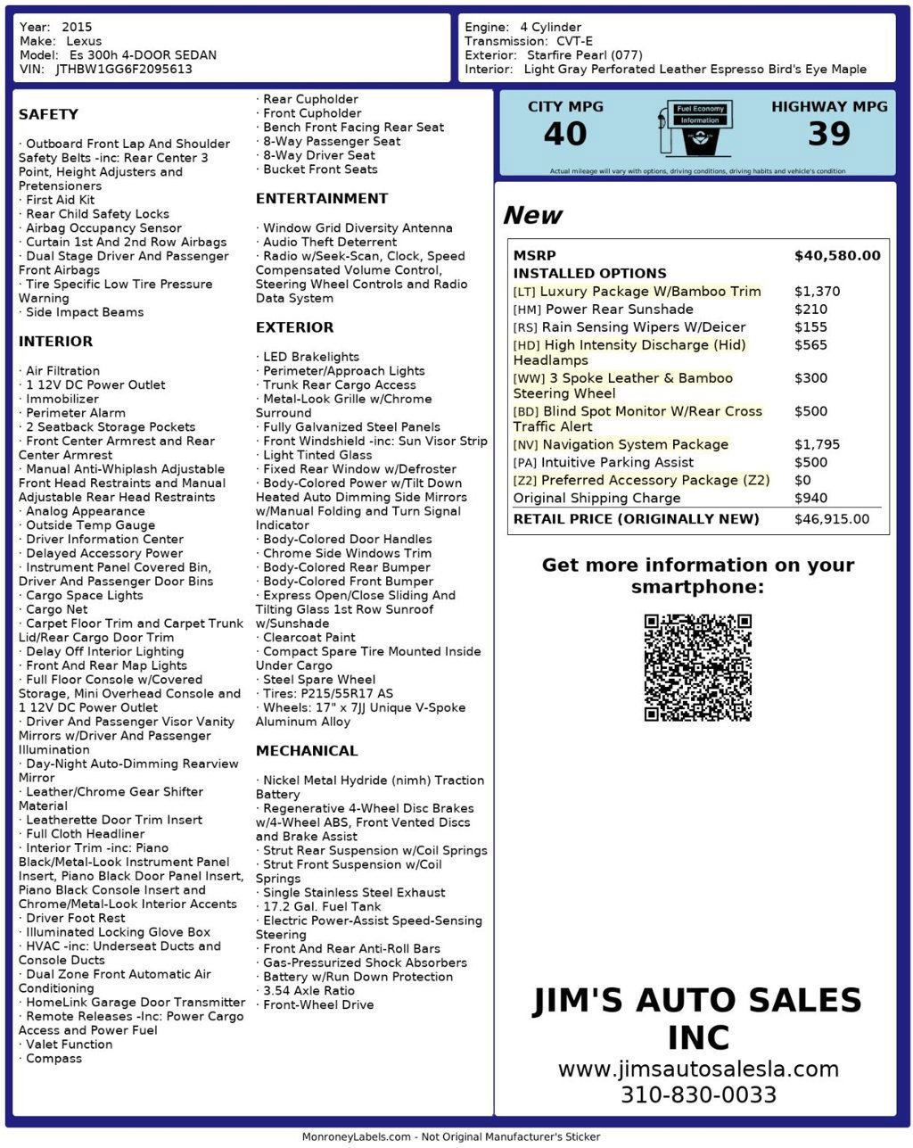 Used 2015 Lexus ES 300h 4dr Sedan Hybrid w/ Navigation System Package image 7