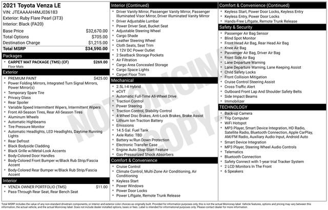 Certified 2021 Toyota Venza LE w/ Carpet Mat Package (TMS) AWD/4WD image 33