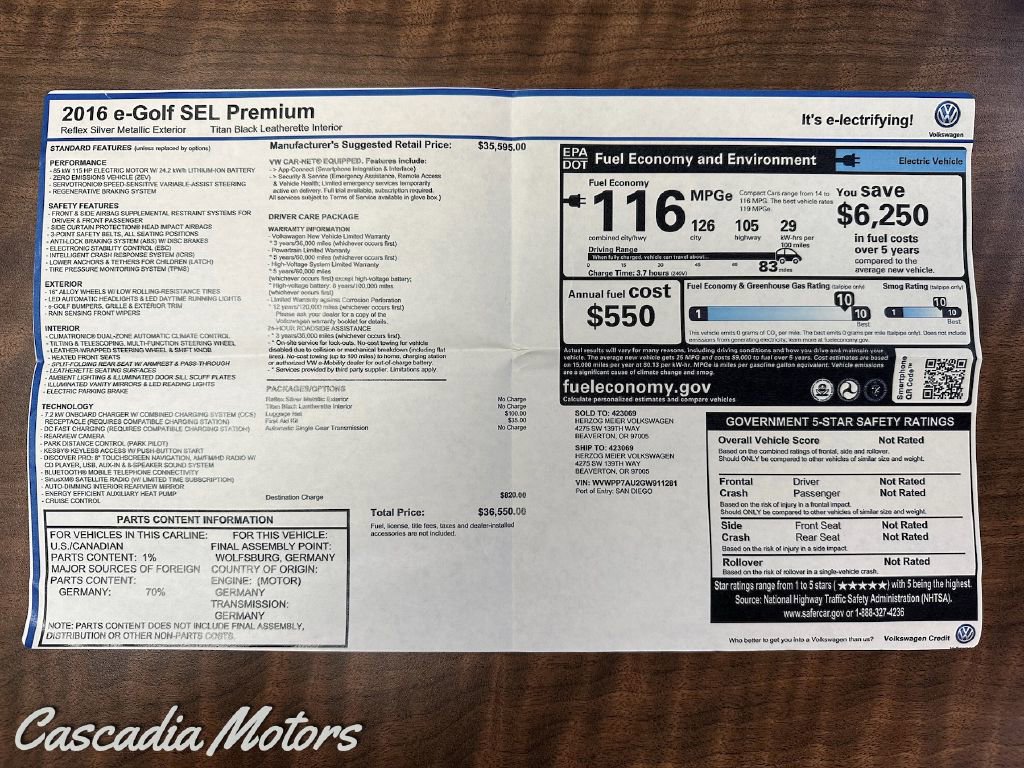 Used 2016 Volkswagen e-Golf SEL Premium image 2