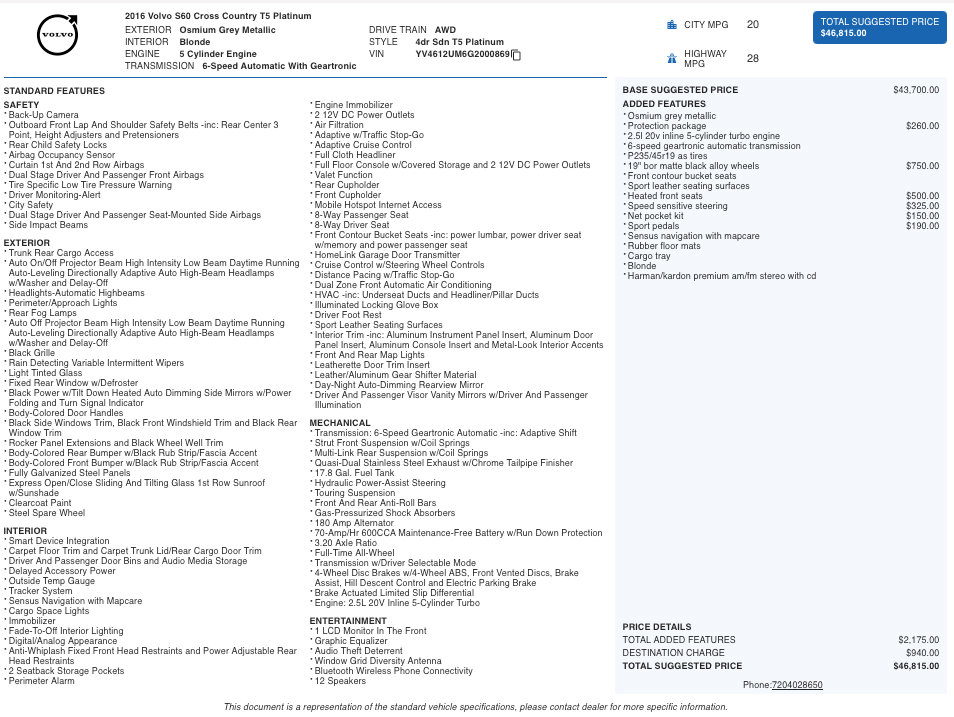 Used 2016 Volvo S60 T5 Cross Country Platinum w/ Protection Package image 2